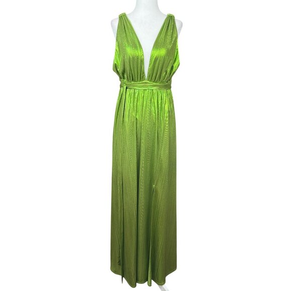 NEW Sincerely Jules Womens L Green Metallic Deep Neck Shiny Pleated Gown Stretch - Picture 2 of 16